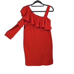 Mark Women's Size xs One Shoulder Ruffle Midi Dress Solid Bright Red Knee Length